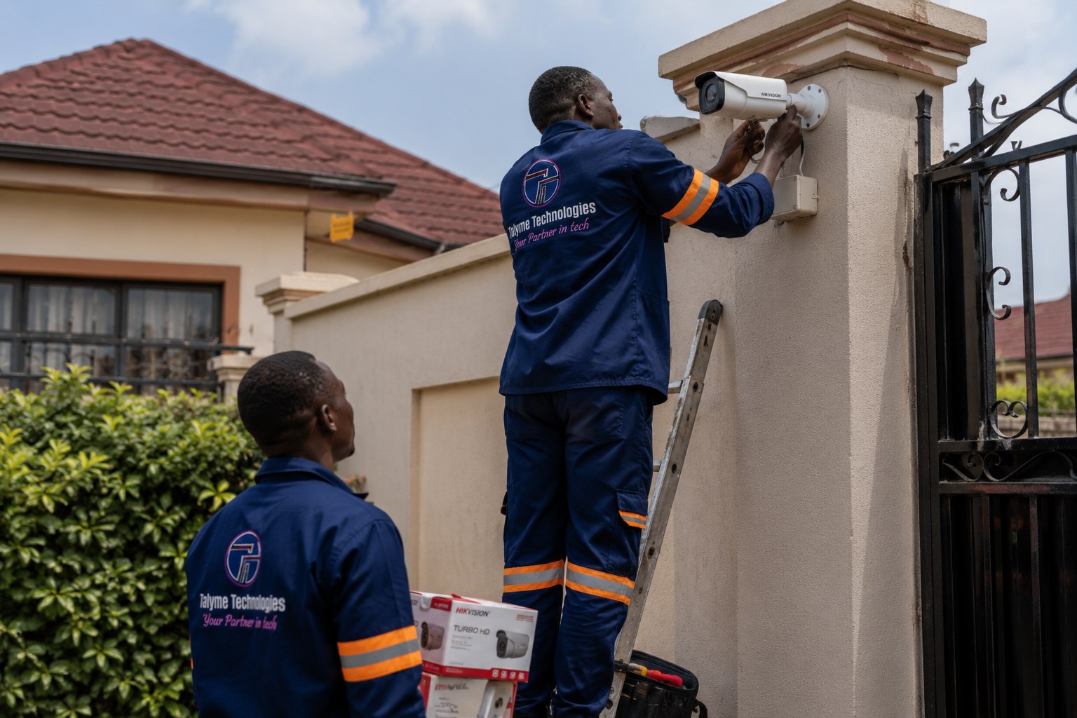 Talyme engineers installing an outdoor CCTV camera