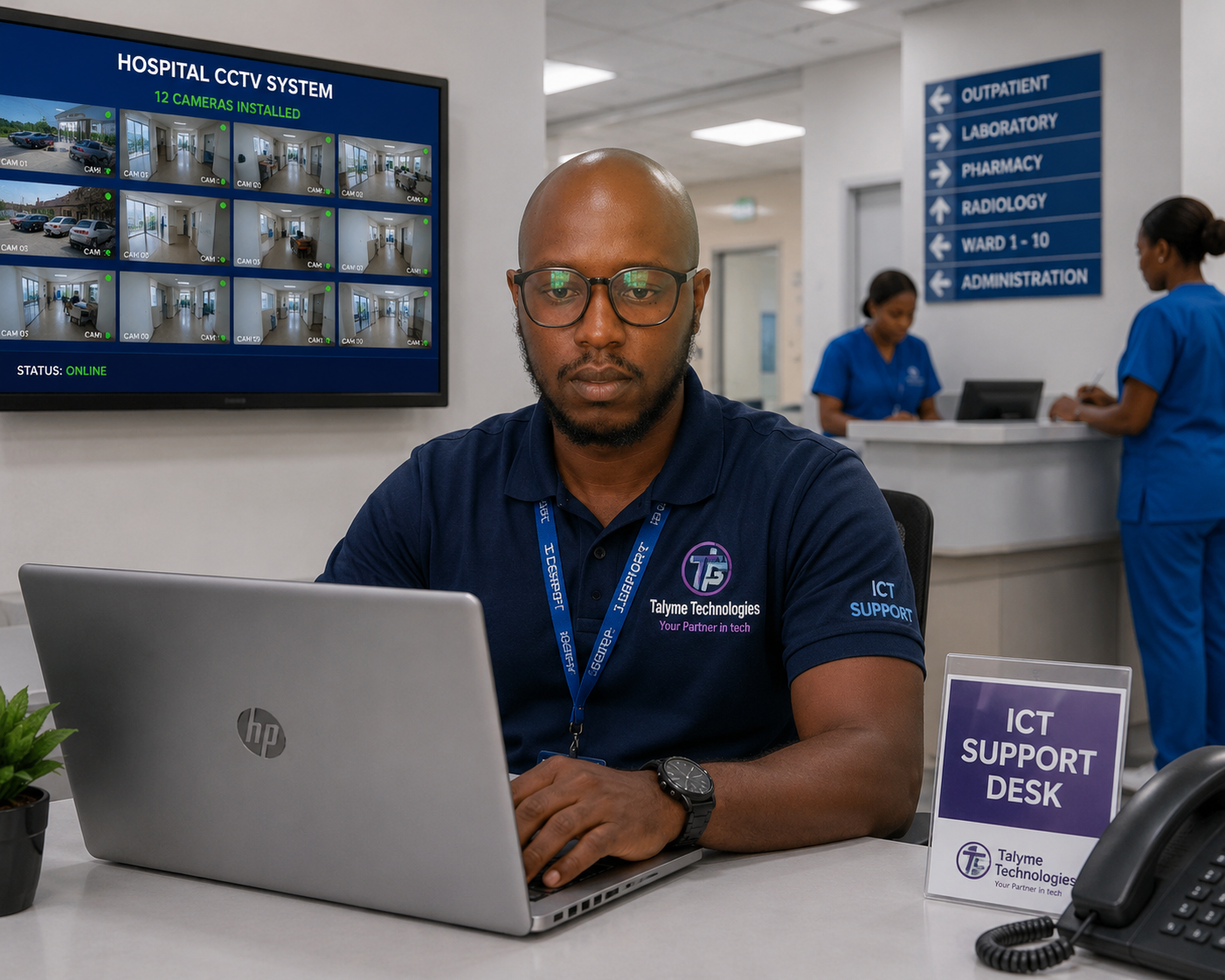 Talyme ICT support engineer assisting in a hospital environment